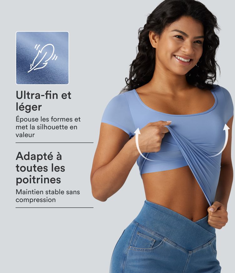 T-shirt décontracté à manches courtes, col carré, soutien-gorge intégré et grande élasticité, bonnets B à DD