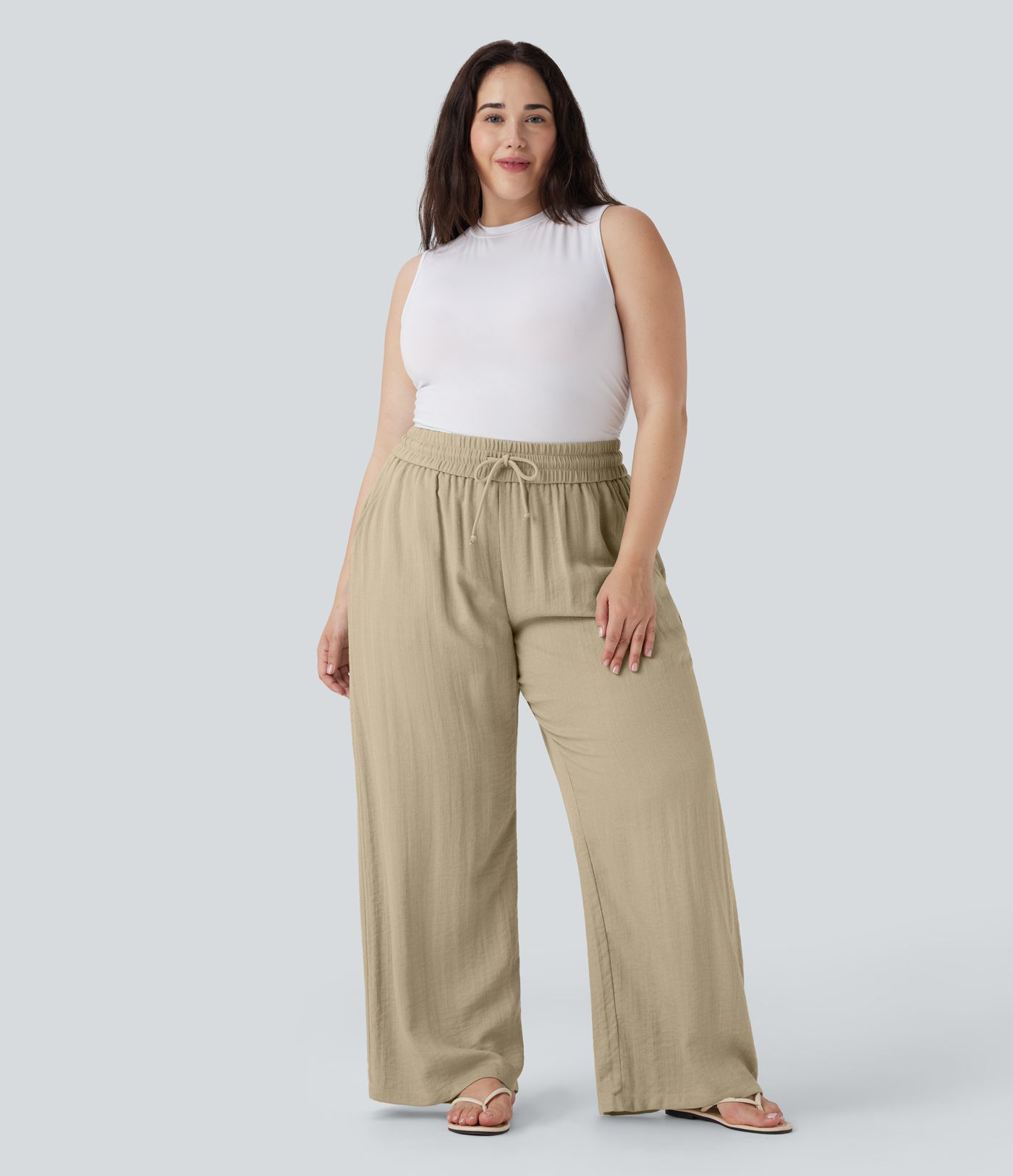 High Waisted Drawstring Linen-Feel Wide Leg Casual Plus Size Pants with Pockets