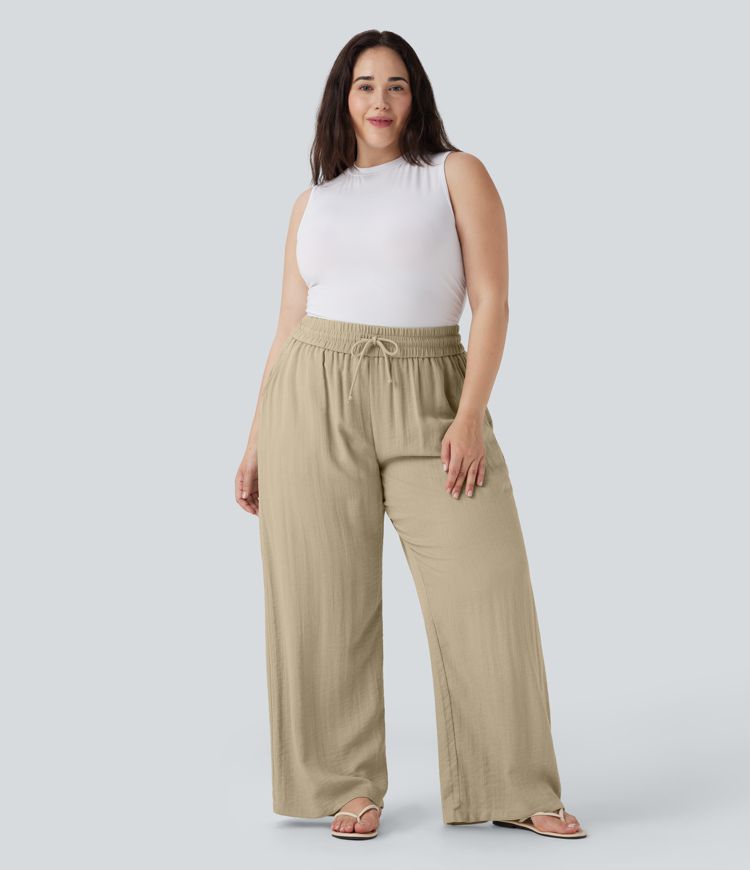 High Waisted Drawstring Linen-Feel Wide Leg Casual Plus Size Pants with Pockets