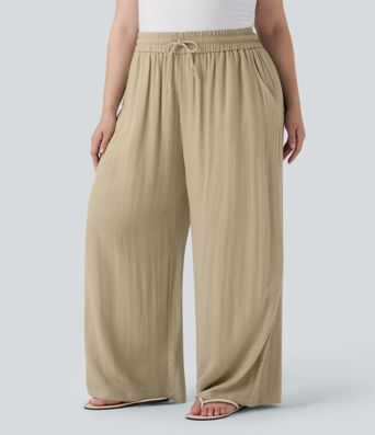 High Waisted Drawstring Linen-Feel Wide Leg Casual Plus Size Pants with Pockets