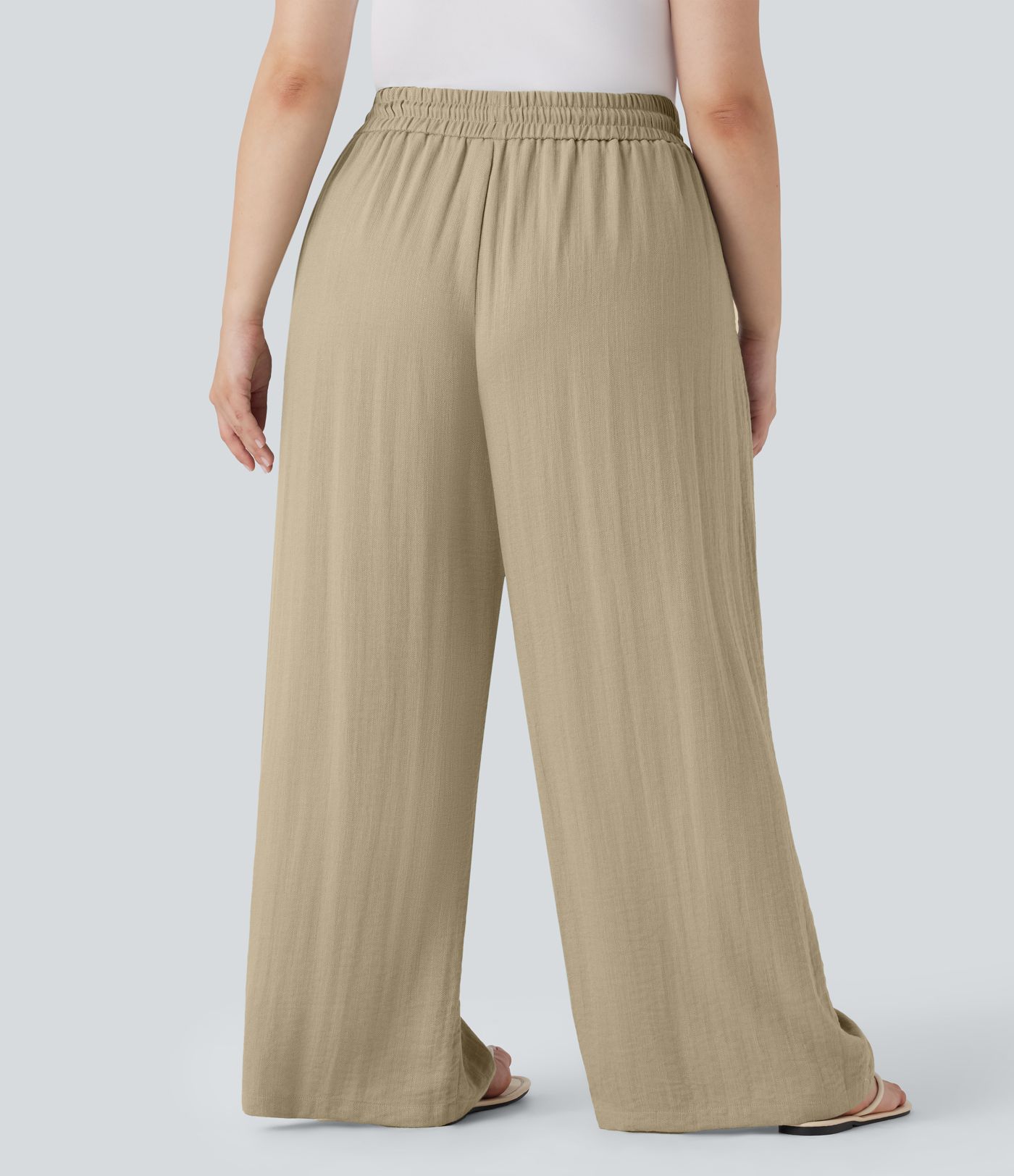 High Waisted Drawstring Linen-Feel Wide Leg Casual Plus Size Pants with Pockets