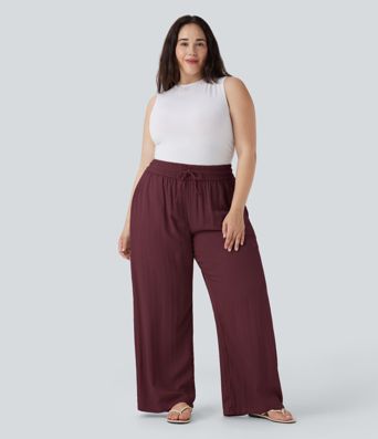 High Waisted Drawstring Linen-Feel Wide Leg Casual Plus Size Trousers with Pockets
