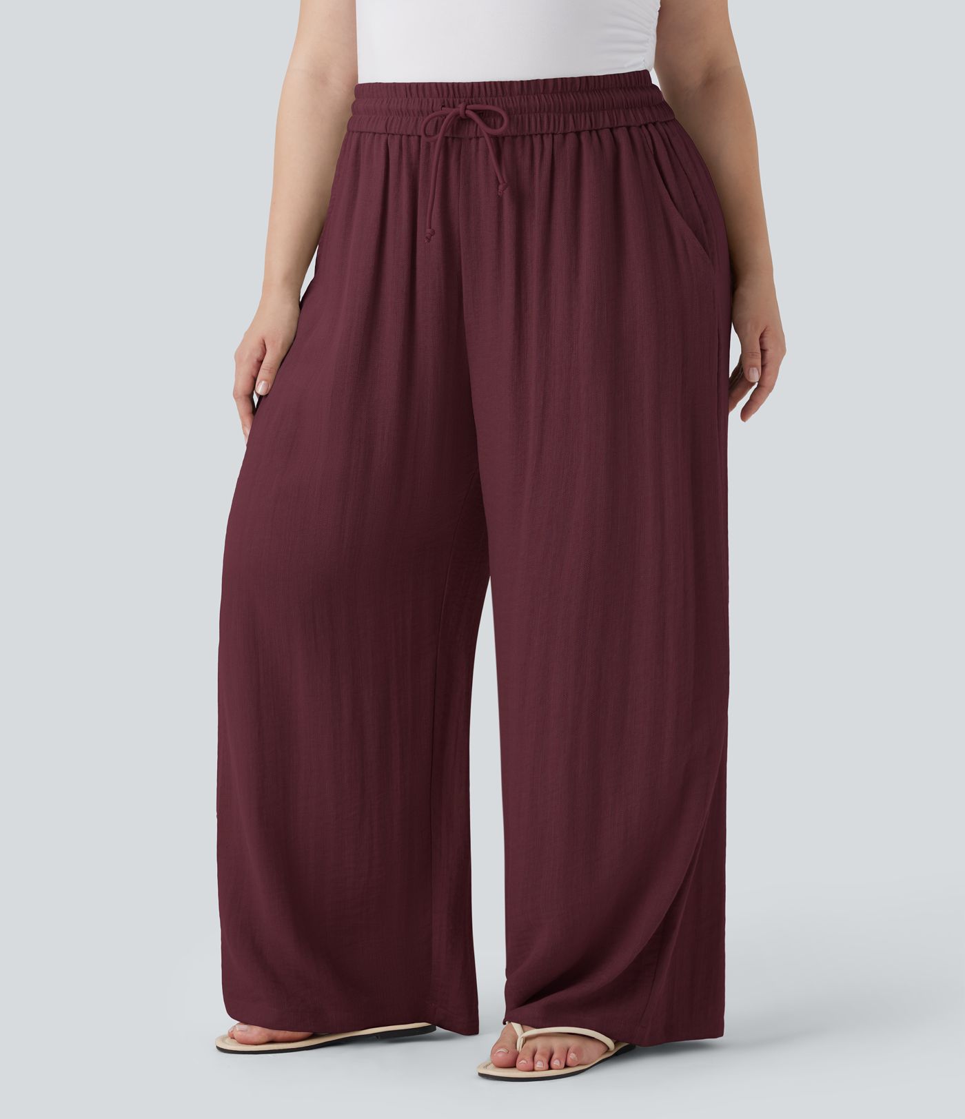 High Waisted Drawstring Linen-Feel Wide Leg Casual Plus Size Trousers with Pockets
