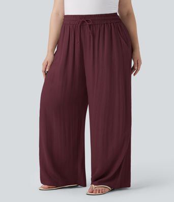 High Waisted Drawstring Linen-Feel Wide Leg Casual Plus Size Trousers with Pockets