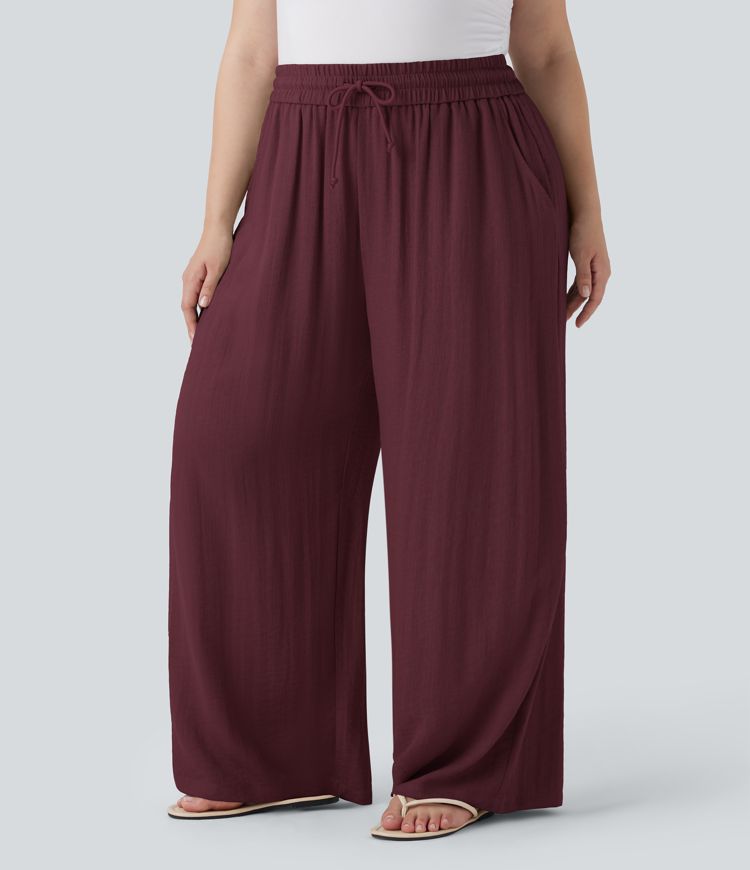High Waisted Drawstring Linen-Feel Wide Leg Casual Plus Size Trousers with Pockets
