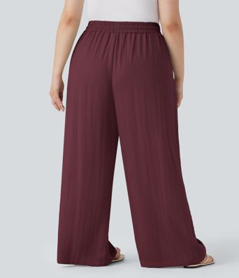 High Waisted Drawstring Linen-Feel Wide Leg Casual Plus Size Trousers with Pockets