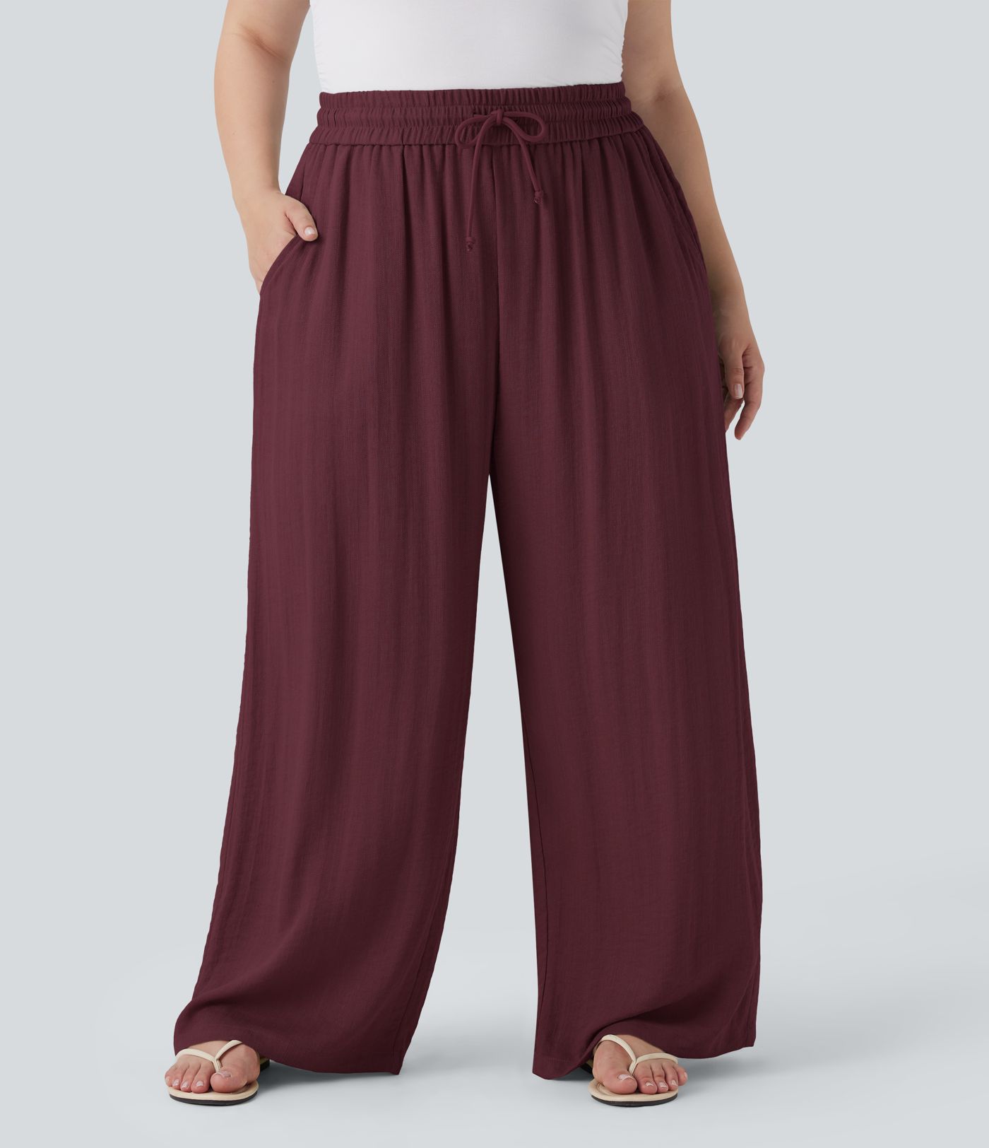 High Waisted Drawstring Linen-Feel Wide Leg Casual Plus Size Trousers with Pockets