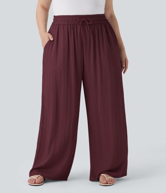 High Waisted Drawstring Linen-Feel Wide Leg Casual Plus Size Trousers with Pockets