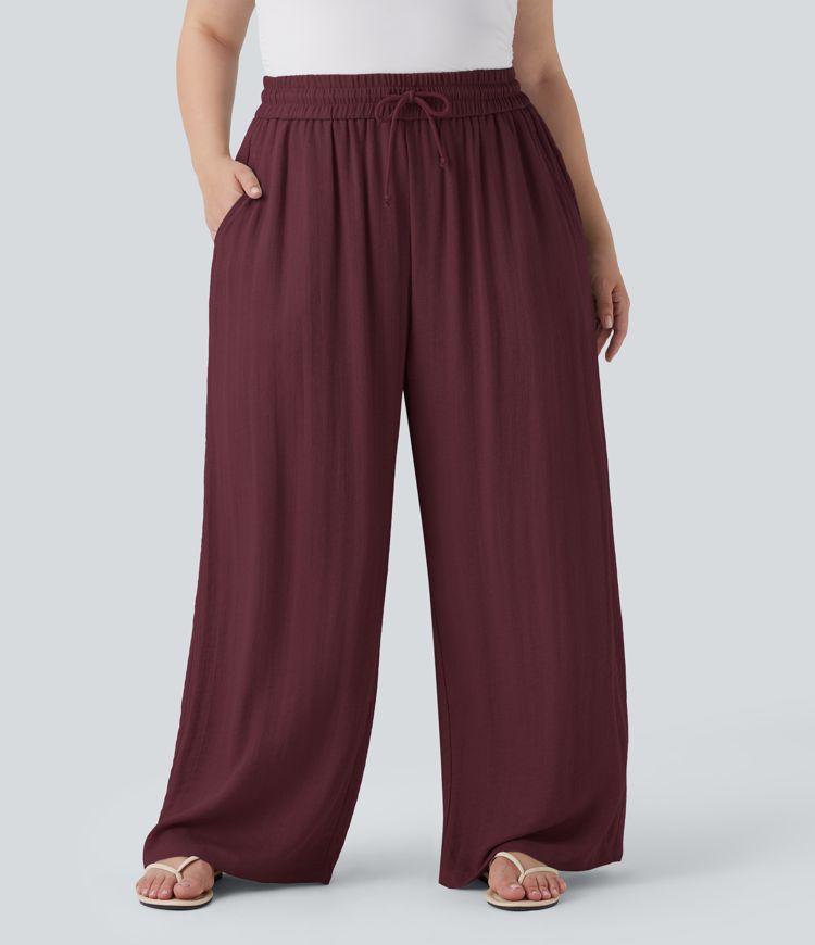 High Waisted Drawstring Linen-Feel Wide Leg Casual Plus Size Trousers with Pockets