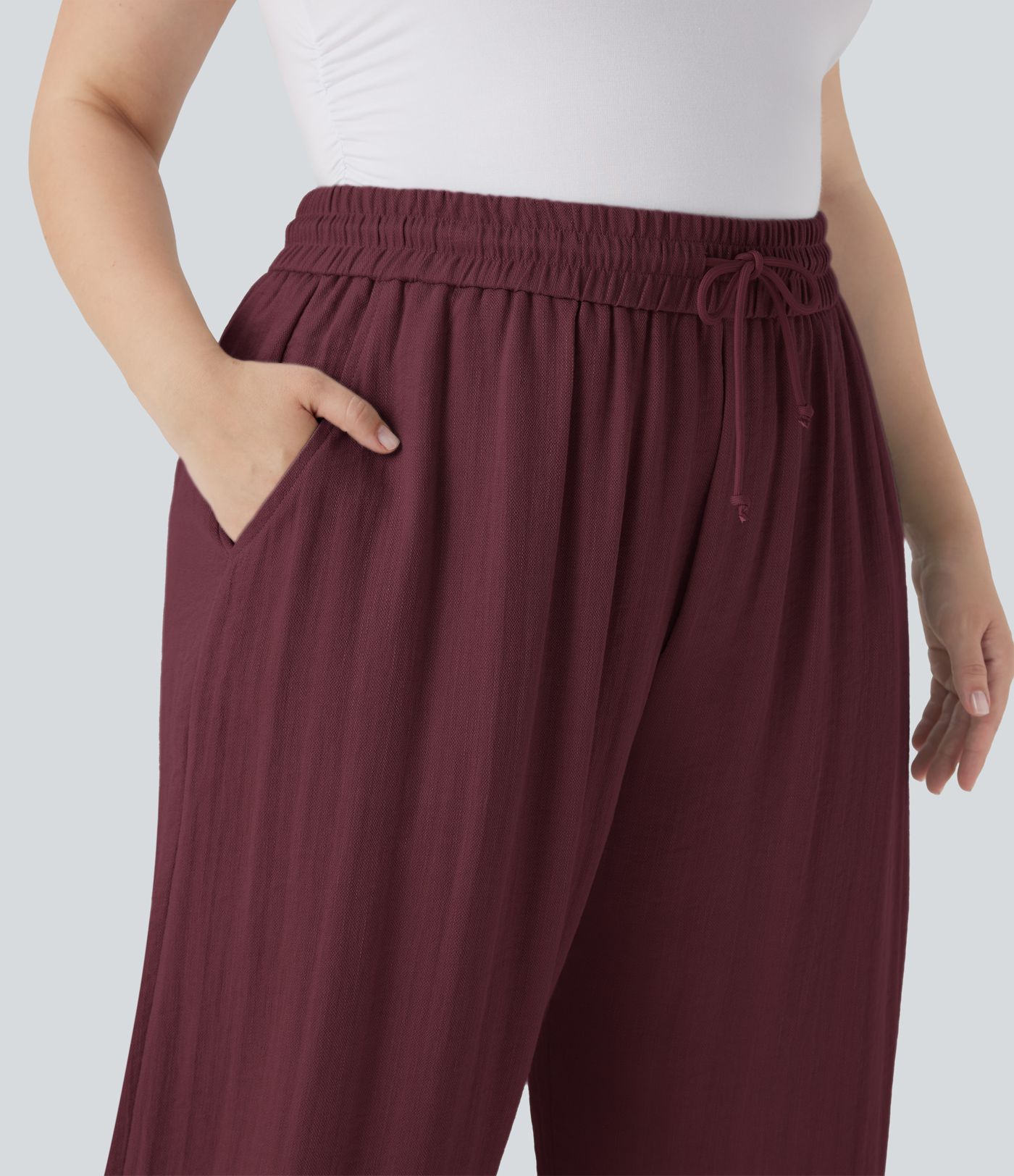 High Waisted Drawstring Linen-Feel Wide Leg Casual Plus Size Trousers with Pockets