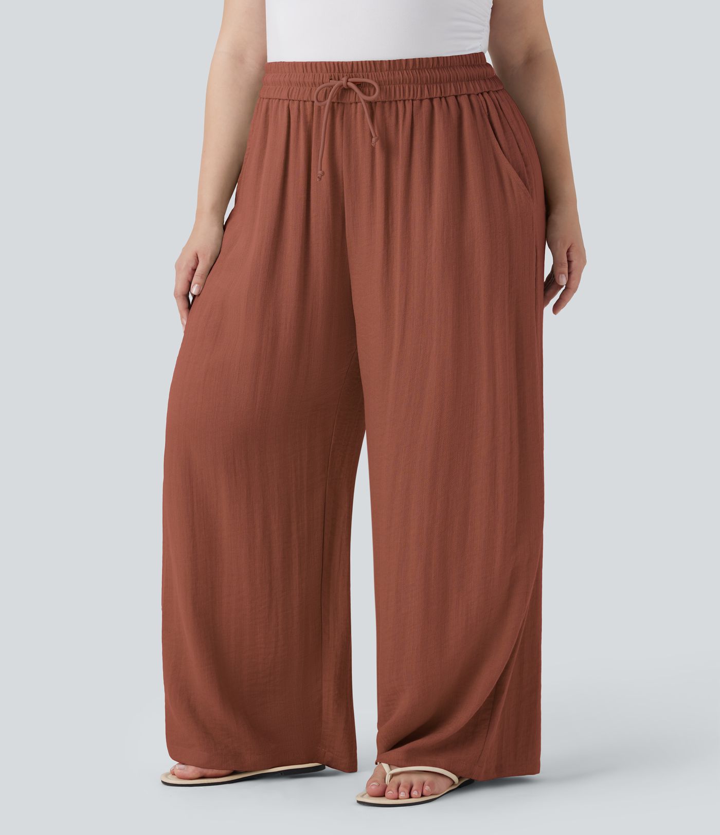 High Waisted Drawstring Linen-Feel Wide Leg Casual Plus Size Pants with Pockets