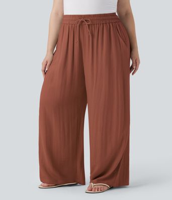 High Waisted Drawstring Linen-Feel Wide Leg Casual Plus Size Pants with Pockets
