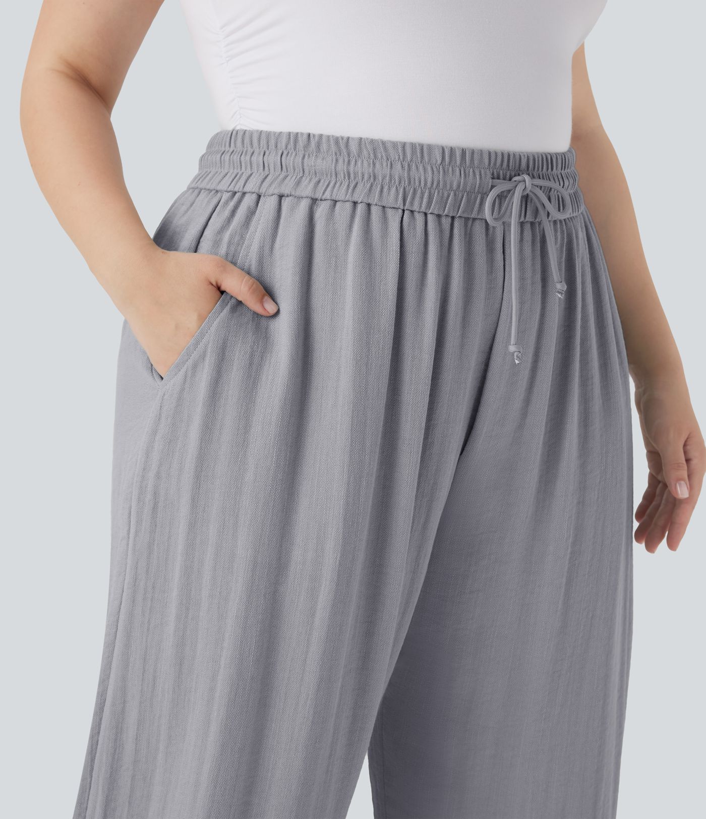 High Waisted Drawstring Linen-Feel Wide Leg Casual Plus Size Trousers with Pockets High Waisted Drawstring Linen-Feel Wide Leg Casual Plus Size Trousers with Pockets