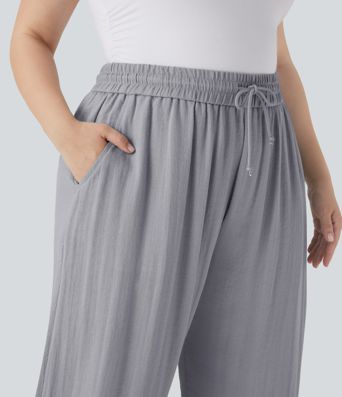 High Waisted Drawstring Linen-Feel Wide Leg Casual Plus Size Trousers with Pockets High Waisted Drawstring Linen-Feel Wide Leg Casual Plus Size Trousers with Pockets