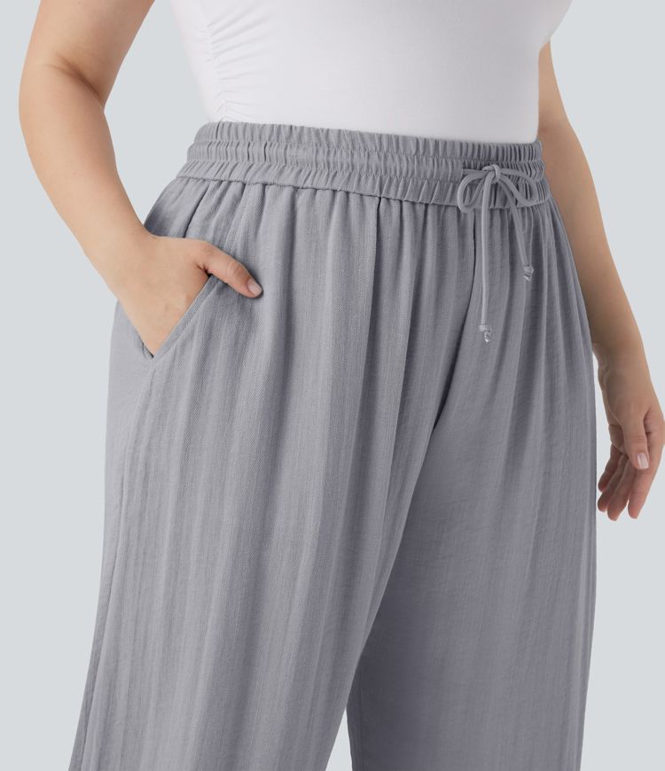 High Waisted Drawstring Linen-Feel Wide Leg Casual Plus Size Trousers with Pockets High Waisted Drawstring Linen-Feel Wide Leg Casual Plus Size Trousers with Pockets