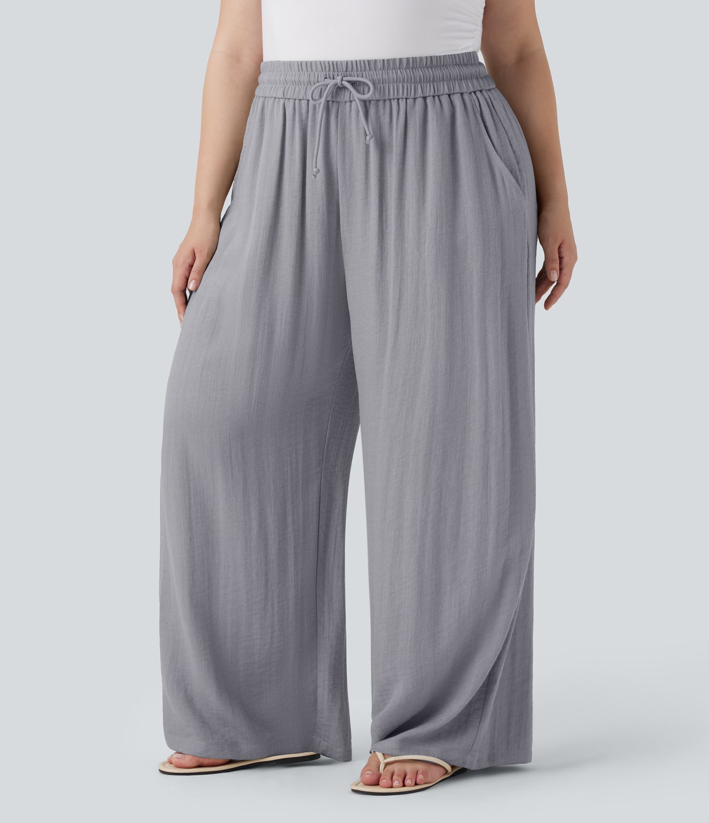 High Waisted Drawstring Linen-Feel Wide Leg Casual Plus Size Trousers with Pockets High Waisted Drawstring Linen-Feel Wide Leg Casual Plus Size Trousers with Pockets