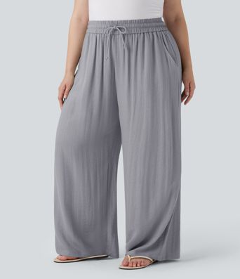 High Waisted Drawstring Linen-Feel Wide Leg Casual Plus Size Trousers with Pockets High Waisted Drawstring Linen-Feel Wide Leg Casual Plus Size Trousers with Pockets