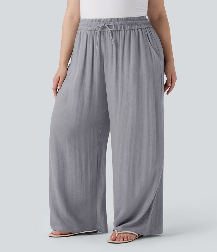 High Waisted Drawstring Linen-Feel Wide Leg Casual Plus Size Trousers with Pockets High Waisted Drawstring Linen-Feel Wide Leg Casual Plus Size Trousers with Pockets