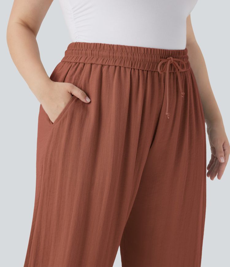 High Waisted Drawstring Linen-Feel Wide Leg Casual Plus Size Pants with Pockets
