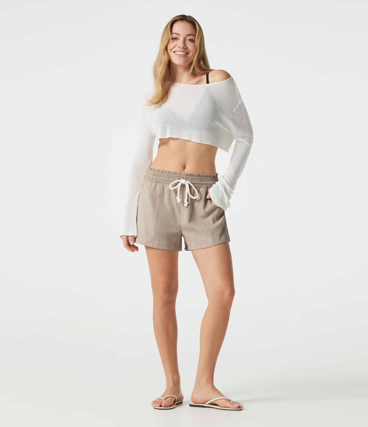 Low Rise Drawstring Casual Linen-Feel Shorts with Pockets