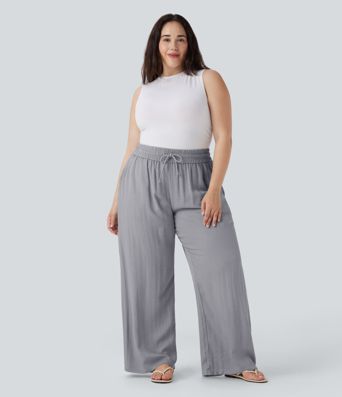 High Waisted Drawstring Linen-Feel Wide Leg Casual Plus Size Trousers with Pockets High Waisted Drawstring Linen-Feel Wide Leg Casual Plus Size Trousers with Pockets