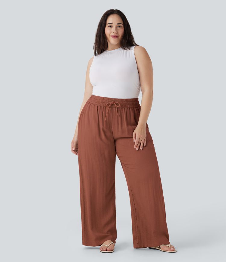 High Waisted Drawstring Linen-Feel Wide Leg Casual Plus Size Pants with Pockets