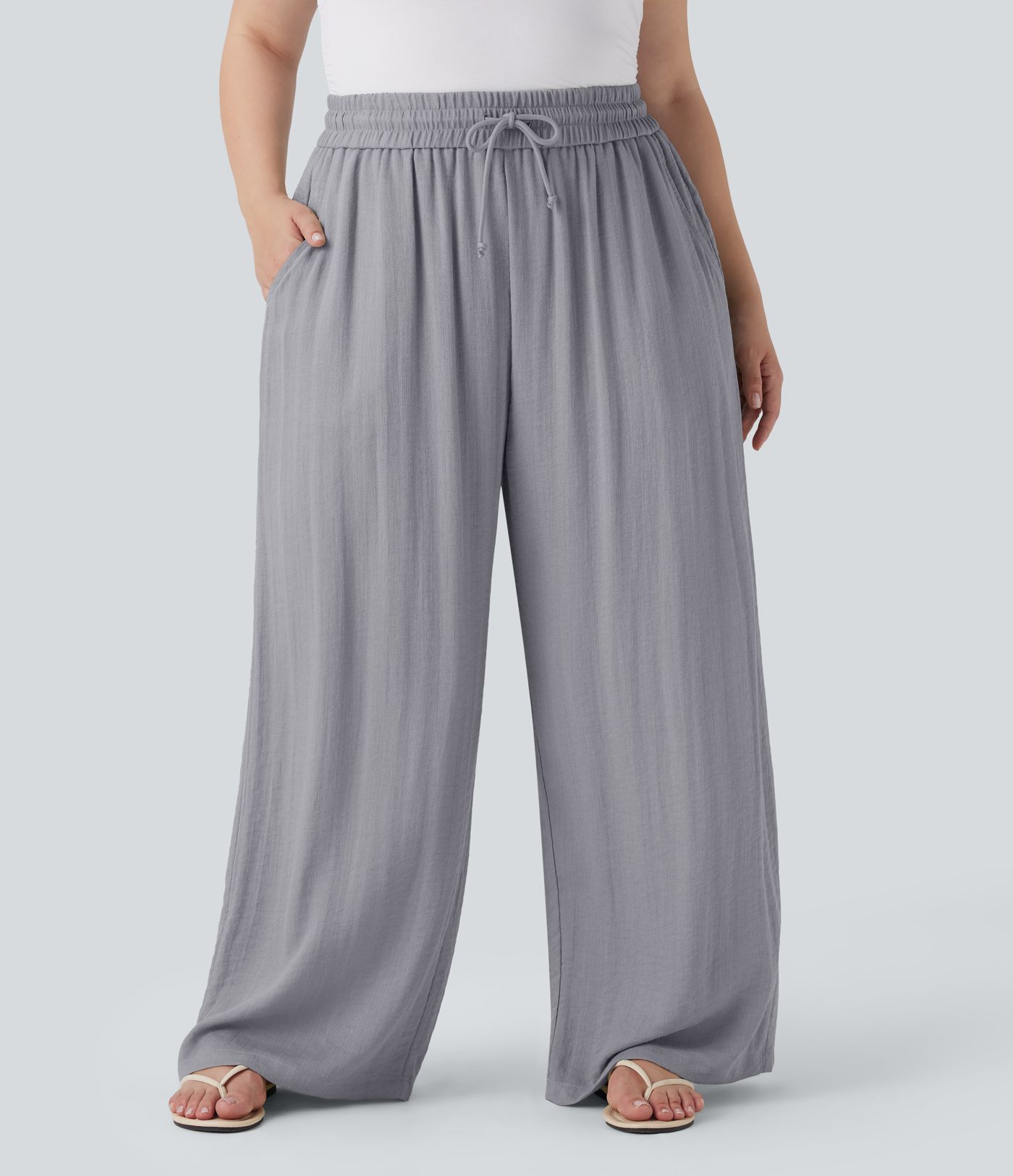 High Waisted Drawstring Linen-Feel Wide Leg Casual Plus Size Trousers with Pockets High Waisted Drawstring Linen-Feel Wide Leg Casual Plus Size Trousers with Pockets