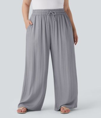 High Waisted Drawstring Linen-Feel Wide Leg Casual Plus Size Trousers with Pockets High Waisted Drawstring Linen-Feel Wide Leg Casual Plus Size Trousers with Pockets
