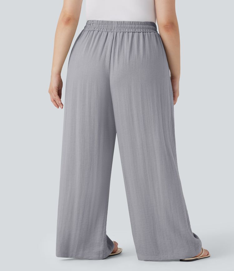 High Waisted Drawstring Linen-Feel Wide Leg Casual Plus Size Trousers with Pockets High Waisted Drawstring Linen-Feel Wide Leg Casual Plus Size Trousers with Pockets