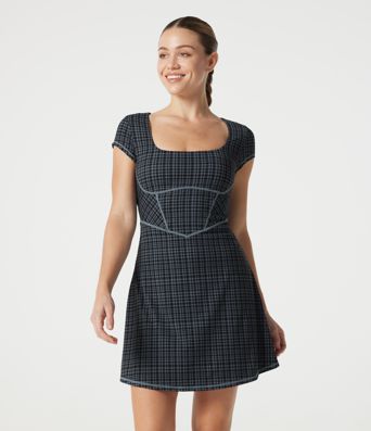 Halara UltraSculpt™ Check Plaid Print  Square Neck Corset 2-in-1 Built-in Bra Mini Casual Dress with Pockets-Easy Peezy