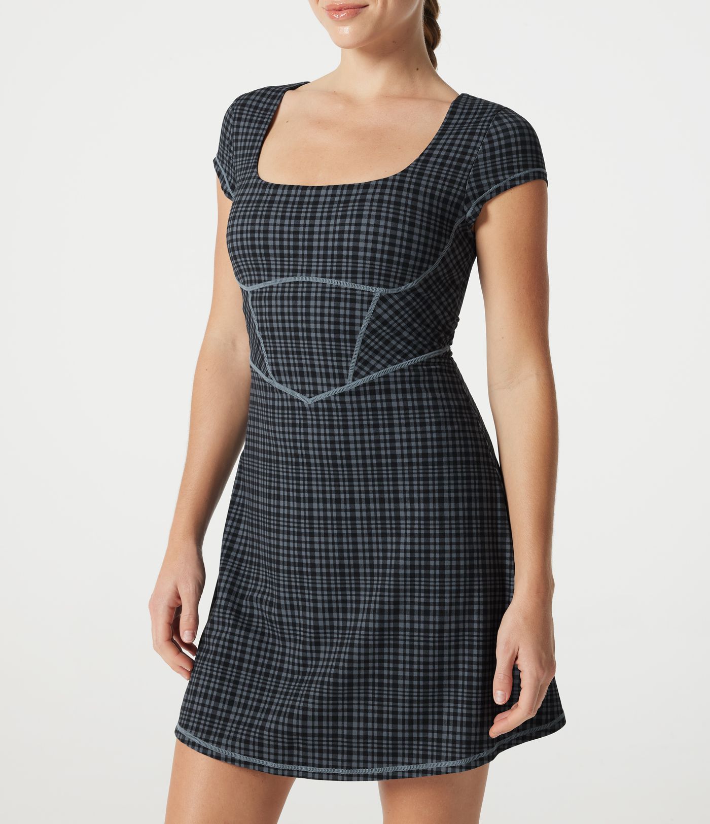 Halara UltraSculpt™ Check Plaid Print  Square Neck Corset 2-in-1 Built-in Bra Mini Casual Dress with Pockets-Easy Peezy