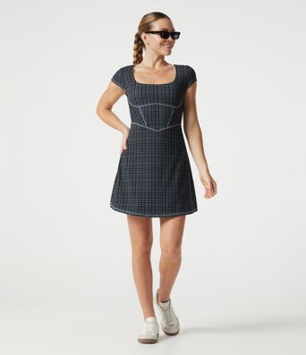 Halara UltraSculpt™ Check Plaid Print  Square Neck Corset 2-in-1 Built-in Bra Mini Casual Dress with Pockets-Easy Peezy