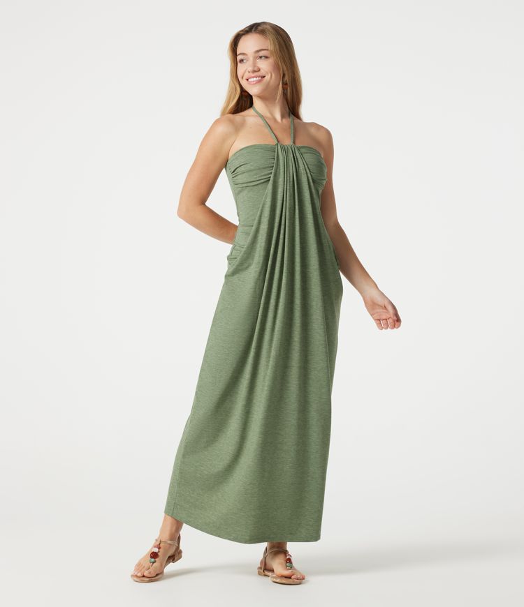 Halter Tie Back Built-in Bra  Heathered Maxi Dress with Pockets