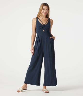 V-neck Sleeveless Shirred Casual Baggy Jumpsuit with Pockets