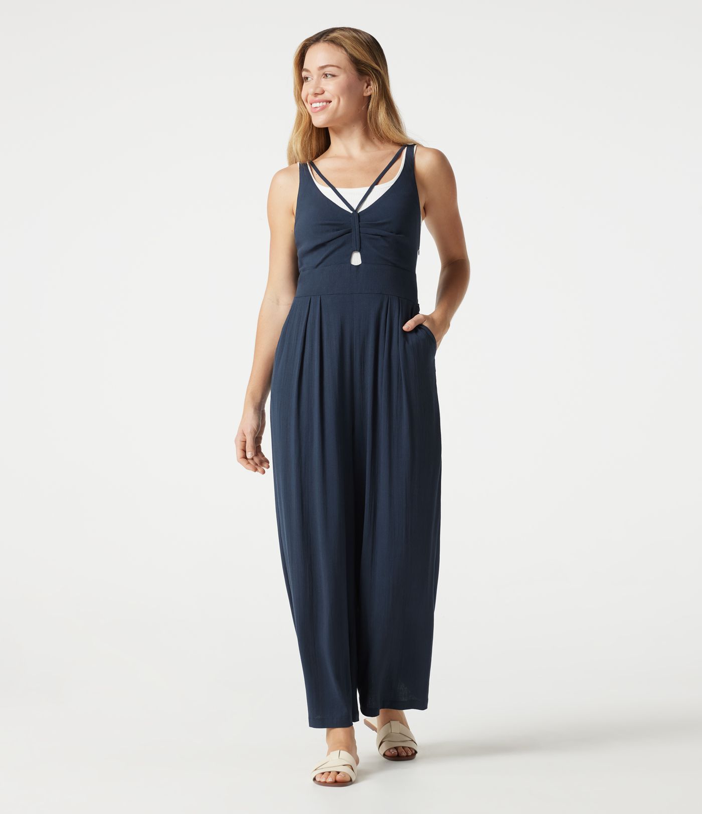 V-neck Sleeveless Shirred Casual Baggy Jumpsuit with Pockets