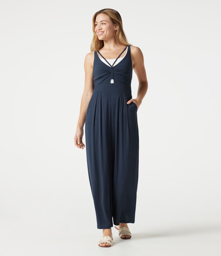 V-neck Sleeveless Shirred Casual Baggy Jumpsuit with Pockets