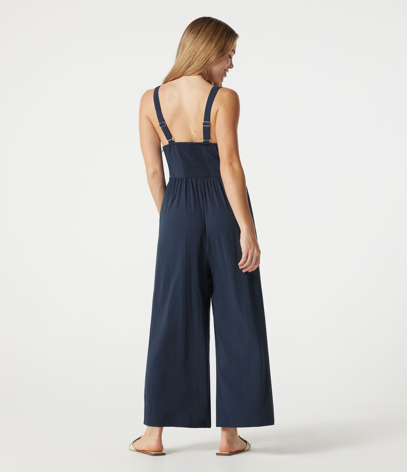 V-neck Sleeveless Shirred Casual Baggy Jumpsuit with Pockets
