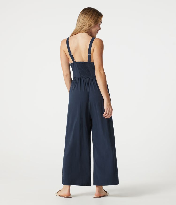 V-neck Sleeveless Shirred Casual Baggy Jumpsuit with Pockets