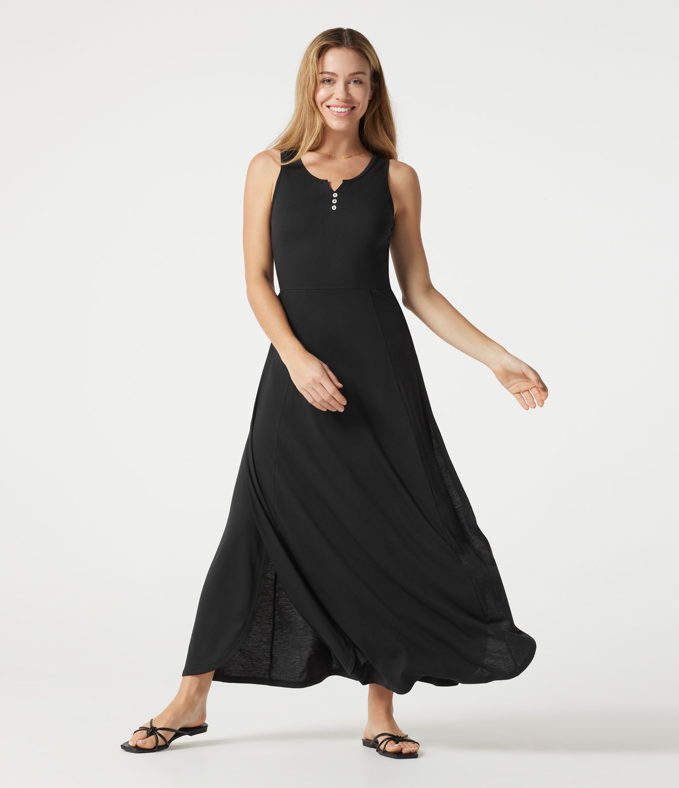 Notched Sleeveless Split Maxi Casual Flowy Dress