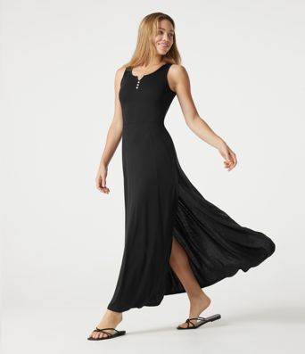 Notched Sleeveless Split Maxi Casual Flowy Dress