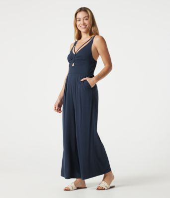 V-neck Sleeveless Shirred Casual Baggy Jumpsuit with Pockets