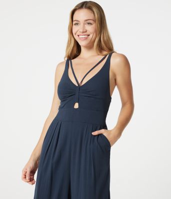 V-neck Sleeveless Shirred Casual Baggy Jumpsuit with Pockets