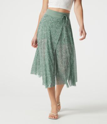 Jupe midi évasée fluide 2-en-1 taille haute imprimé léopard, cordon de serrage et empiècements en maille contrastée, avec poches