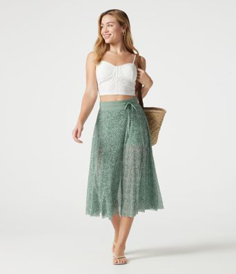 Jupe midi évasée fluide 2-en-1 taille haute imprimé léopard, cordon de serrage et empiècements en maille contrastée, avec poches