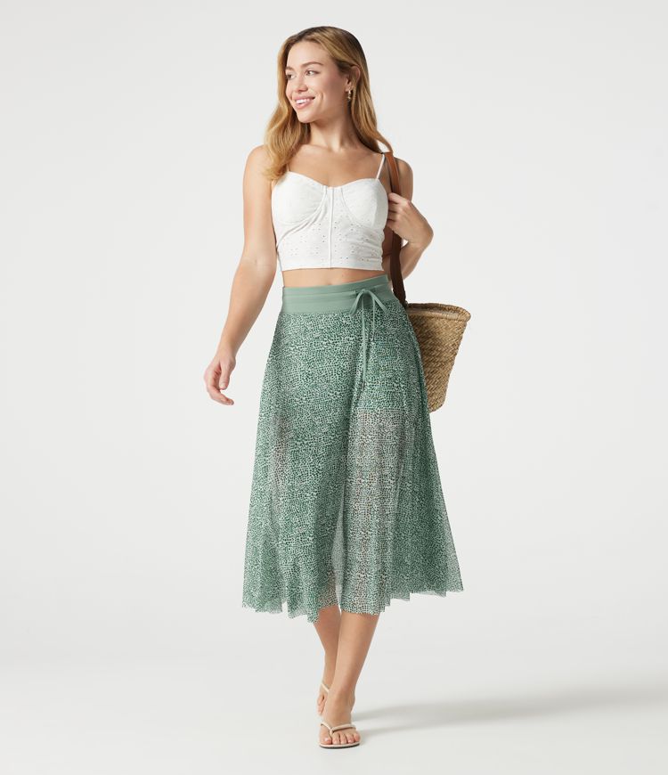 Jupe midi évasée fluide 2-en-1 taille haute imprimé léopard, cordon de serrage et empiècements en maille contrastée, avec poches