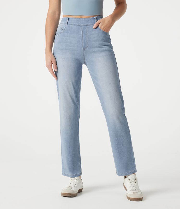 Light Blue – Glacier Light Blue Halara Flex™ High Waisted Lightweight Pockets Straight Leg Washed Casual Jeans / 2