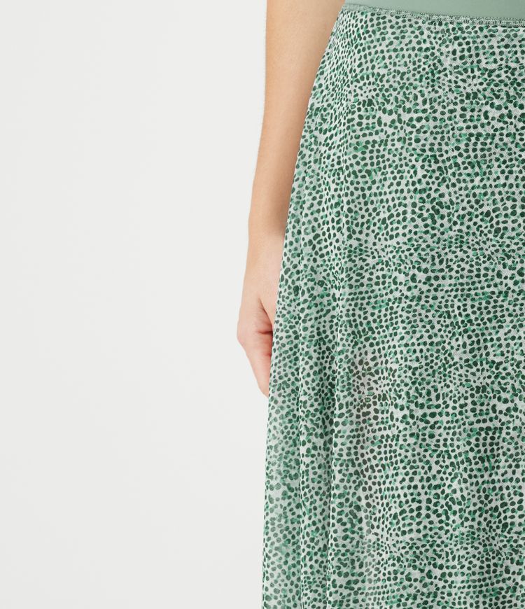 Jupe midi évasée fluide 2-en-1 taille haute imprimé léopard, cordon de serrage et empiècements en maille contrastée, avec poches