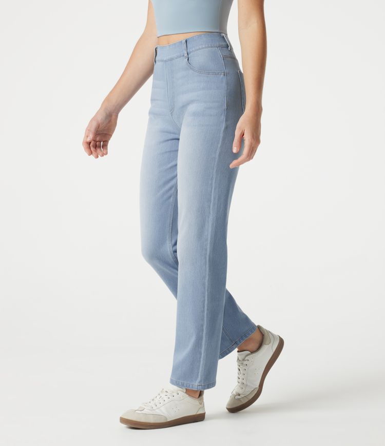 Light Blue – Glacier Light Blue Halara Flex™ High Waisted Lightweight Pockets Straight Leg Washed Casual Jeans / 1
