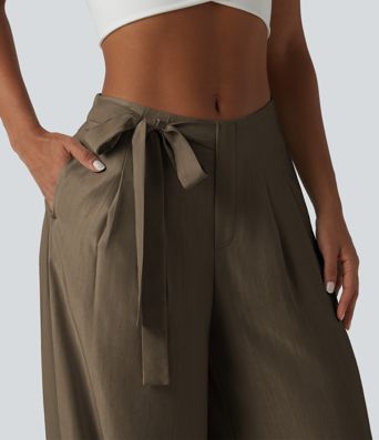 High Waisted Tie Side Baggy Linen-Blend Pants with Pockets