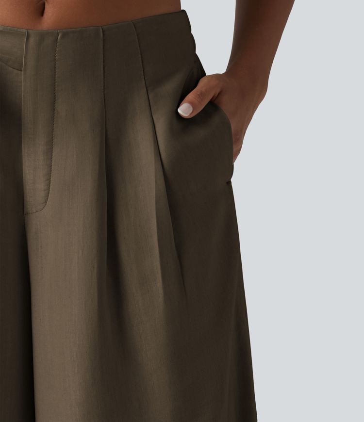 High Waisted Tie Side Baggy Linen-Blend Pants with Pockets